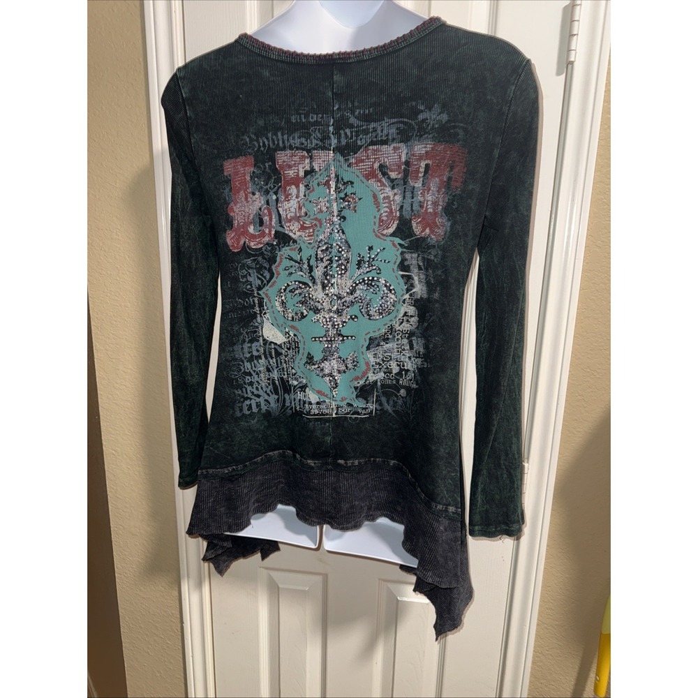 Vintage Women's Lust Embelished Dark Green Long Sleeve Tunic Y2K Grunge Fairy - Picture 5 of 10